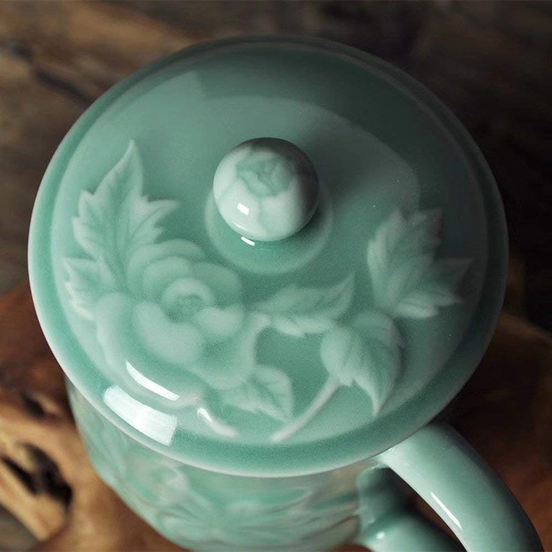 Handmade Celadon Teacups 13oz Coffee Mugs with Lid Porcelain Cups Embossed with Peony Chinese Celadon(01-Sky Blue) - Image 5